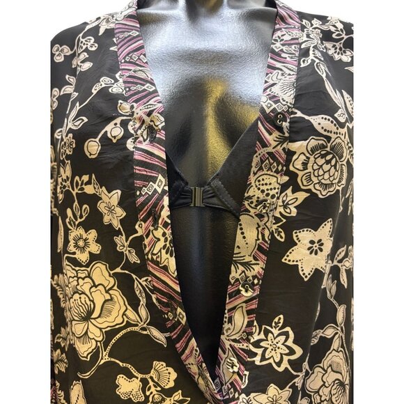 Johnny Was Black Floral Kimono Blouse With Fringe & Button Closure M - Picture 6 of 8